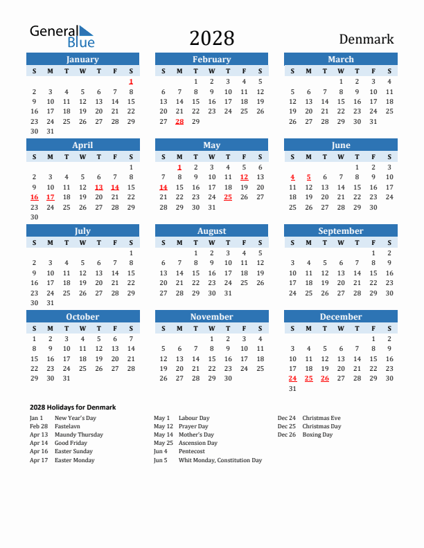 Printable Calendar 2028 with Denmark Holidays (Sunday Start)