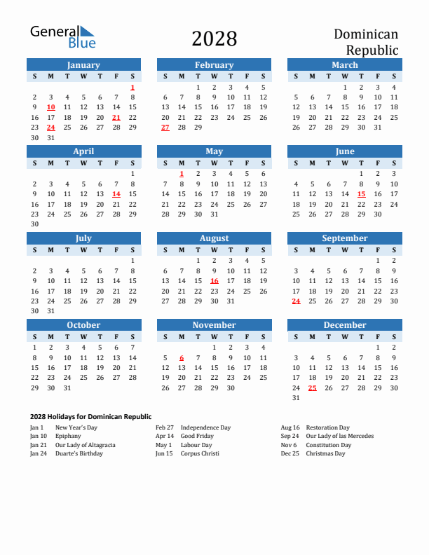 Printable Calendar 2028 with Dominican Republic Holidays (Sunday Start)
