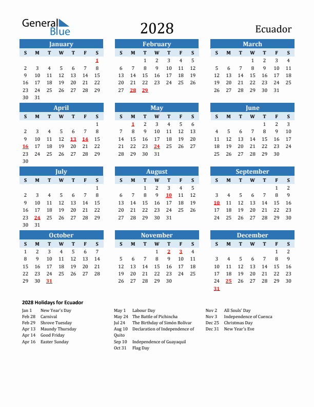 Printable Calendar 2028 with Ecuador Holidays (Sunday Start)