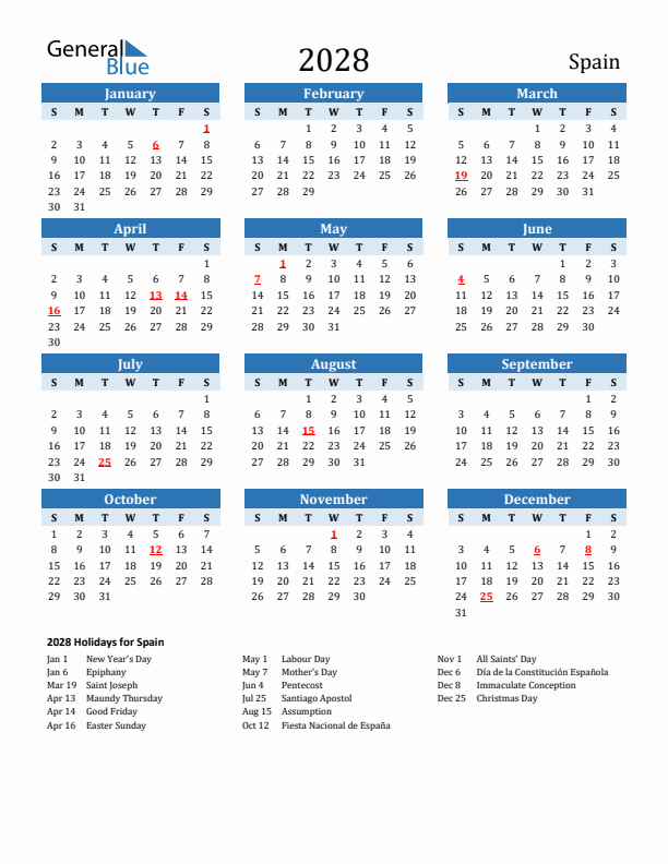 Printable Calendar 2028 with Spain Holidays (Sunday Start)