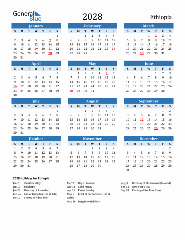 Printable Calendar 2028 with Ethiopia Holidays (Sunday Start)