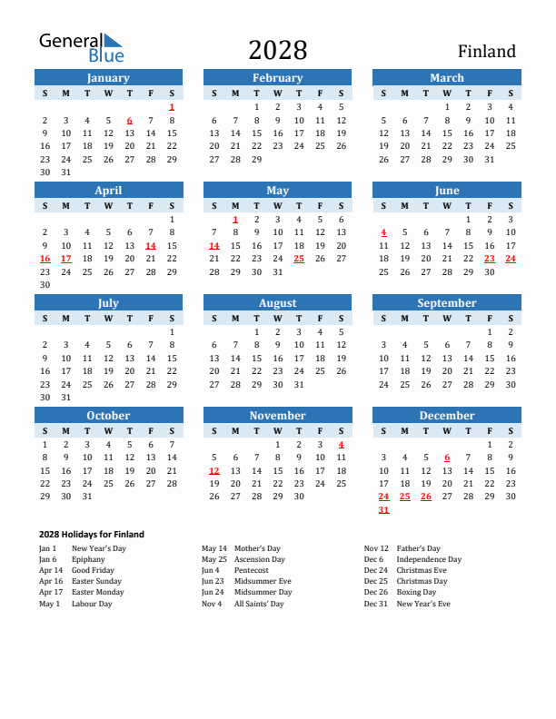 Printable Calendar 2028 with Finland Holidays (Sunday Start)