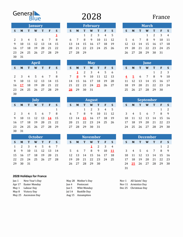 Printable Calendar 2028 with France Holidays (Sunday Start)