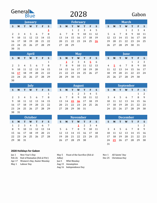 Printable Calendar 2028 with Gabon Holidays (Sunday Start)