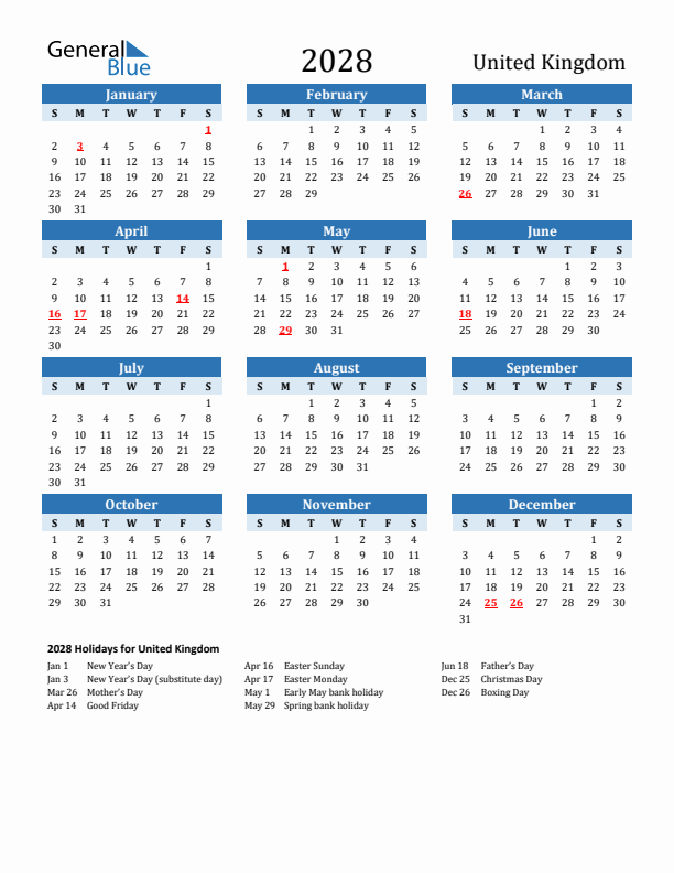 Printable Calendar 2028 with United Kingdom Holidays (Sunday Start)
