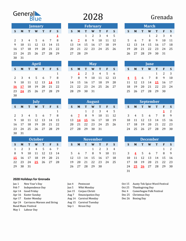 Printable Calendar 2028 with Grenada Holidays (Sunday Start)