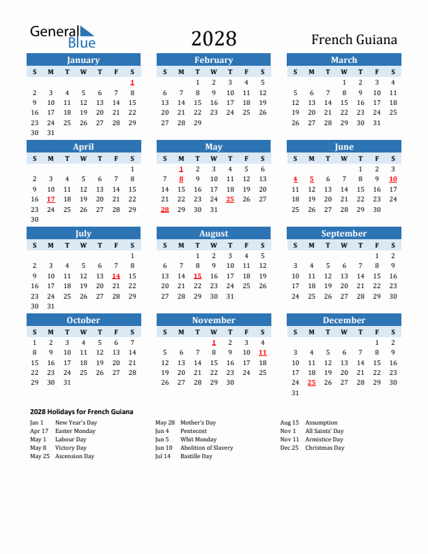 Printable Calendar 2028 with French Guiana Holidays (Sunday Start)