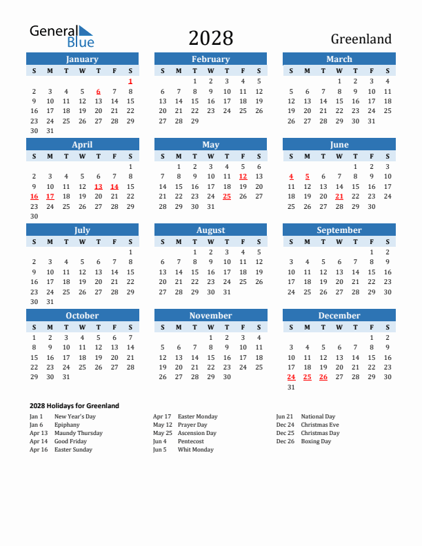 Printable Calendar 2028 with Greenland Holidays (Sunday Start)