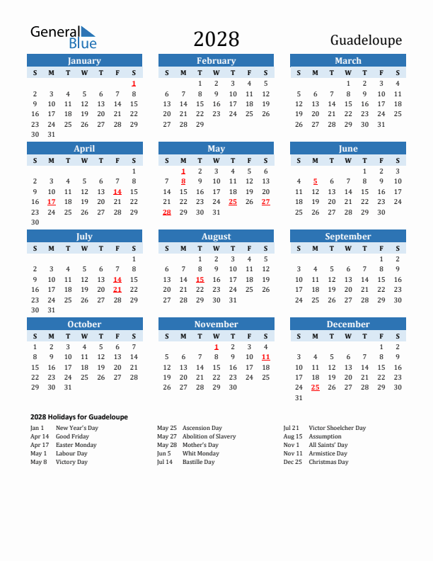 Printable Calendar 2028 with Guadeloupe Holidays (Sunday Start)