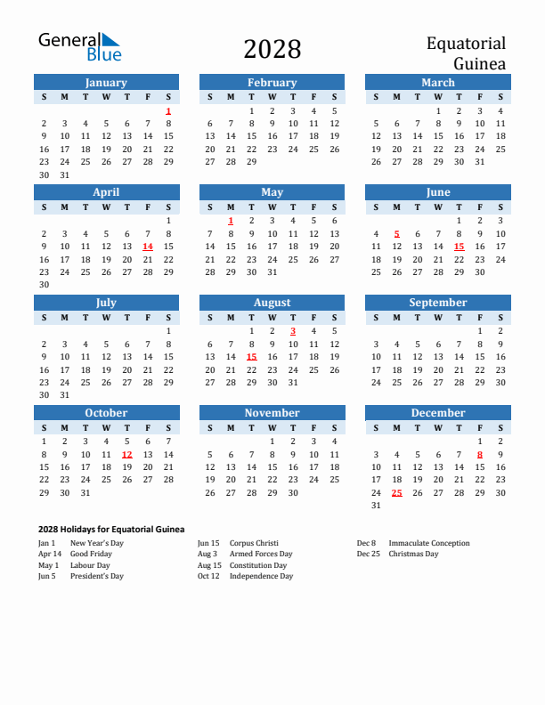 Printable Calendar 2028 with Equatorial Guinea Holidays (Sunday Start)