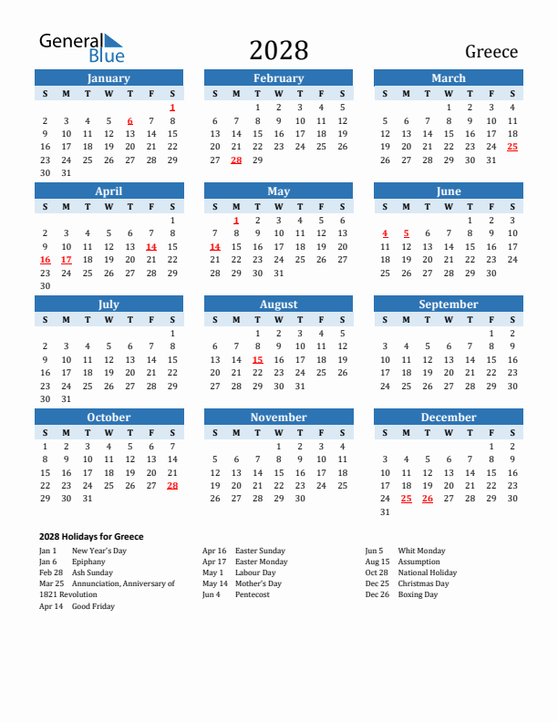 Printable Calendar 2028 with Greece Holidays (Sunday Start)