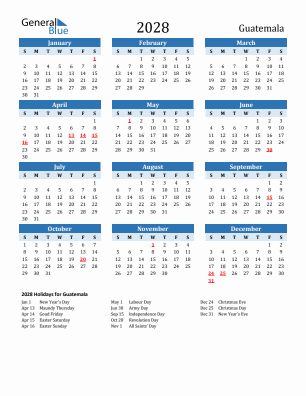 Printable Calendar 2028 with Guatemala Holidays (Sunday Start)