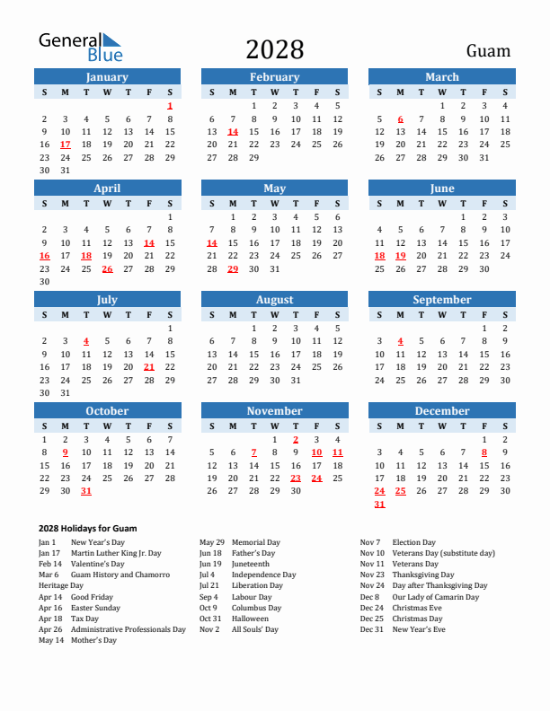 Printable Calendar 2028 with Guam Holidays (Sunday Start)