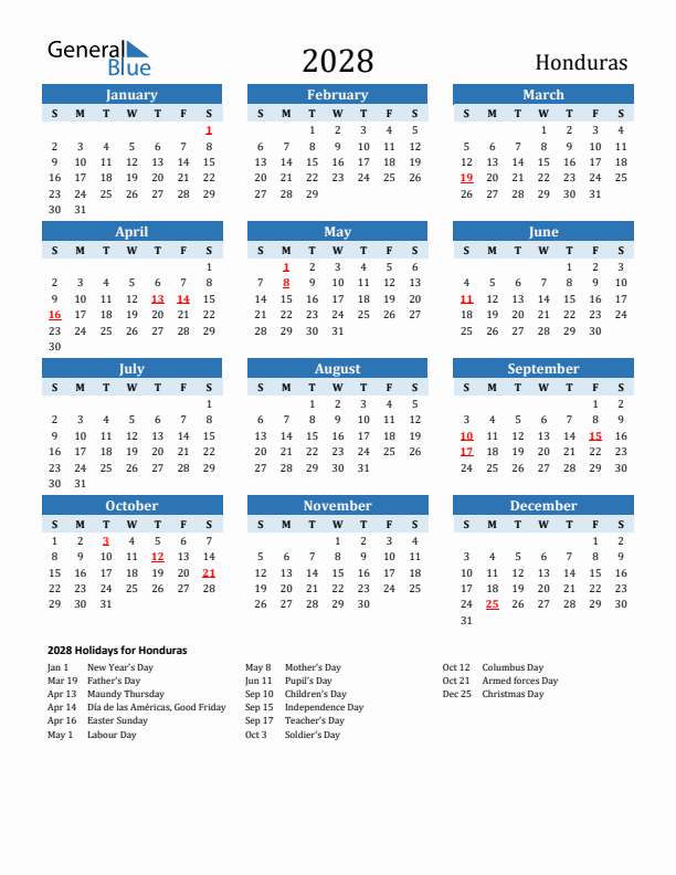 Printable Calendar 2028 with Honduras Holidays (Sunday Start)
