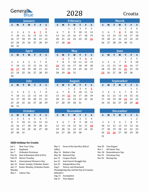 Printable Calendar 2028 with Croatia Holidays (Sunday Start)