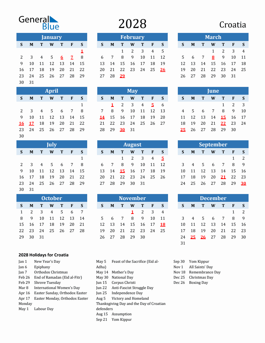 2028 Printable Calendar with Croatia Holidays