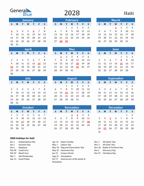 Printable Calendar 2028 with Haiti Holidays (Sunday Start)