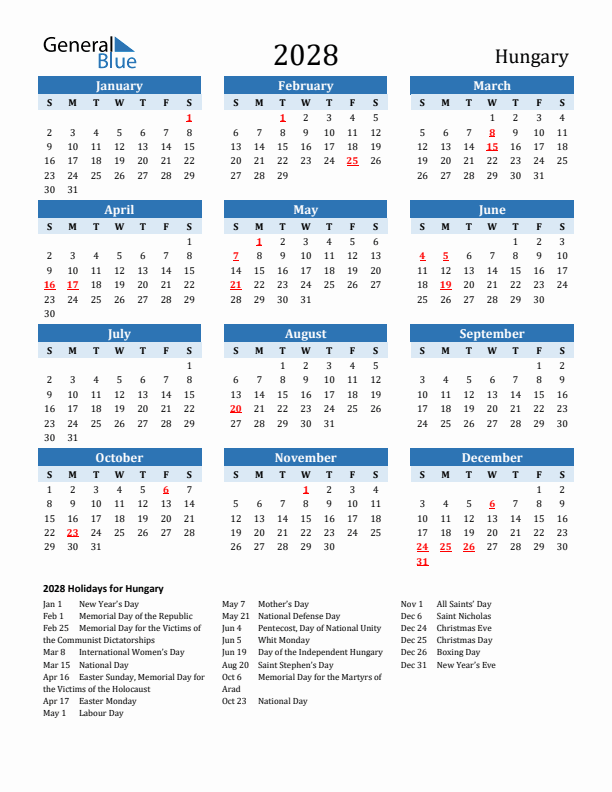 Printable Calendar 2028 with Hungary Holidays (Sunday Start)