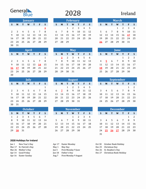 Printable Calendar 2028 with Ireland Holidays (Sunday Start)