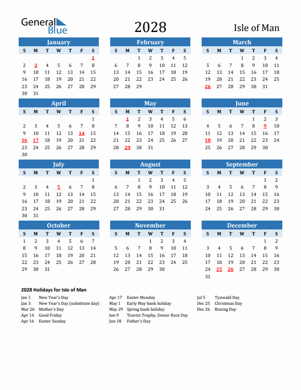 Printable Calendar 2028 with Isle of Man Holidays (Sunday Start)