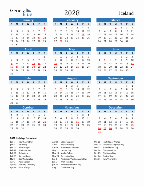 Printable Calendar 2028 with Iceland Holidays (Sunday Start)