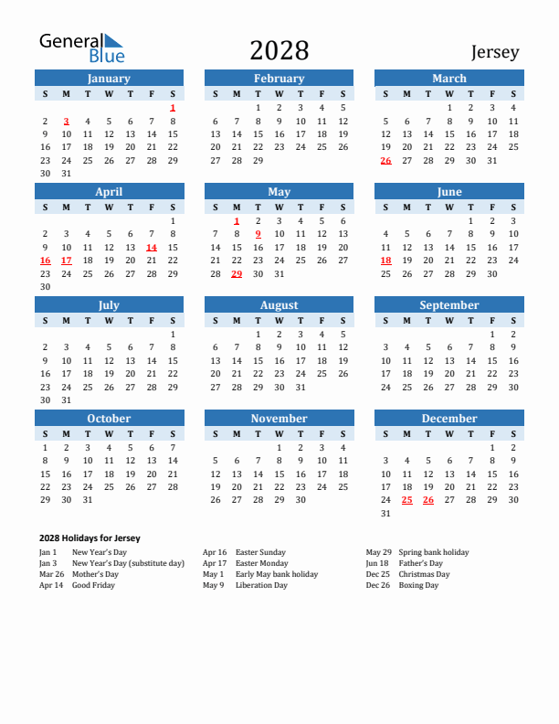 Printable Calendar 2028 with Jersey Holidays (Sunday Start)