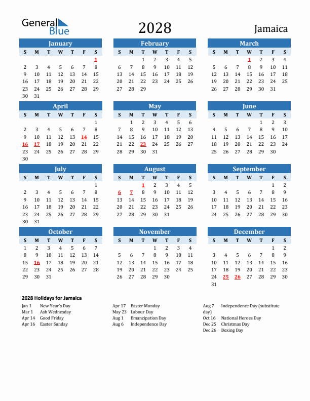 Printable Calendar 2028 with Jamaica Holidays (Sunday Start)