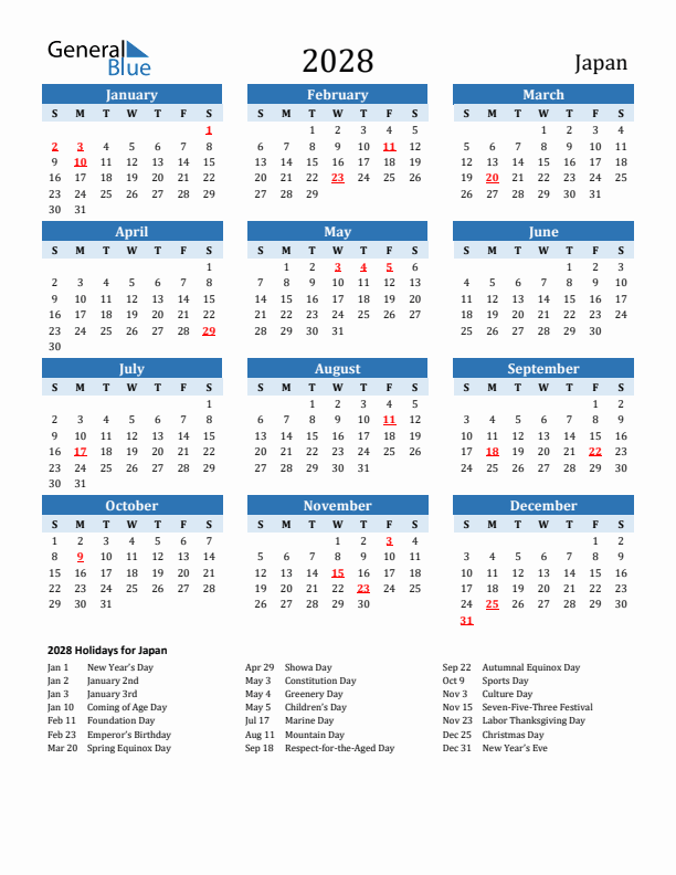 Printable Calendar 2028 with Japan Holidays (Sunday Start)