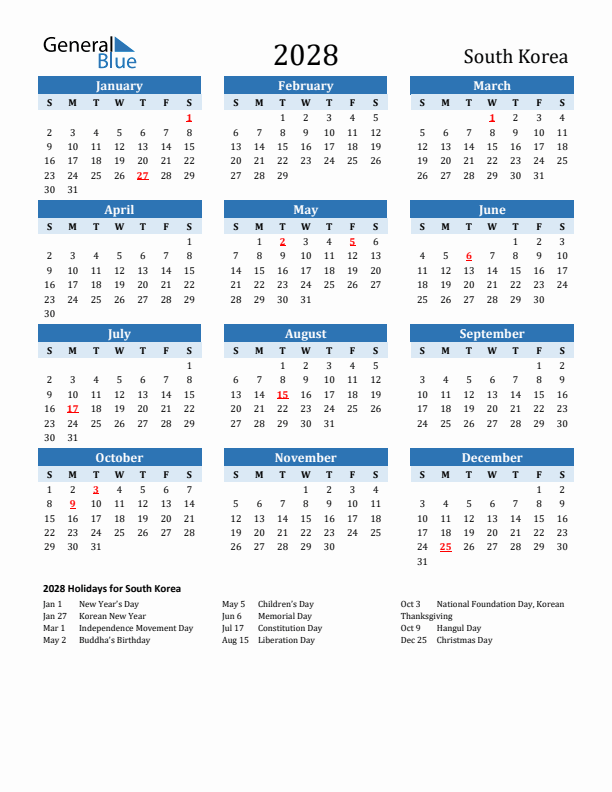 Printable Calendar 2028 with South Korea Holidays (Sunday Start)