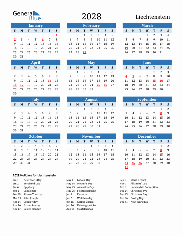 Printable Calendar 2028 with Liechtenstein Holidays (Sunday Start)