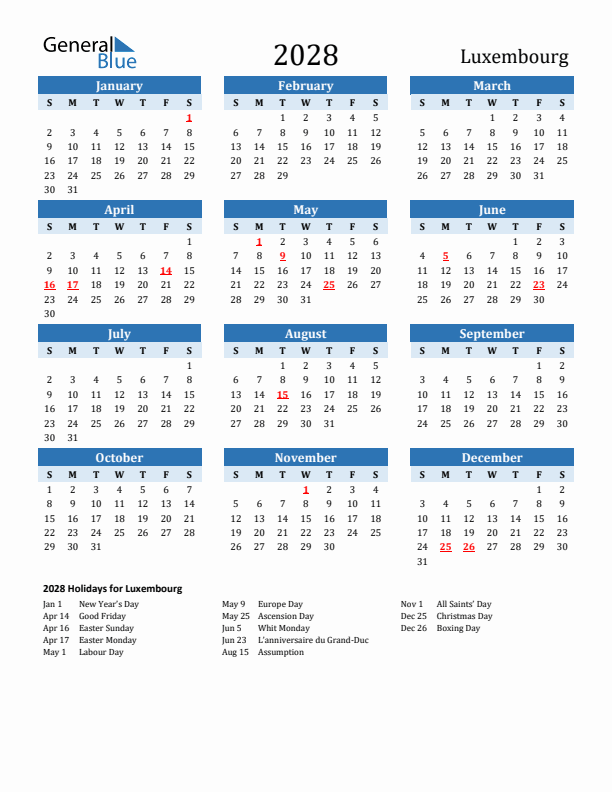 Printable Calendar 2028 with Luxembourg Holidays (Sunday Start)