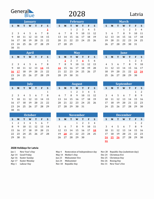 Printable Calendar 2028 with Latvia Holidays (Sunday Start)