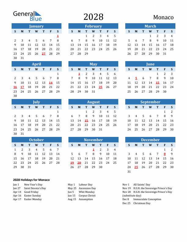 Printable Calendar 2028 with Monaco Holidays (Sunday Start)