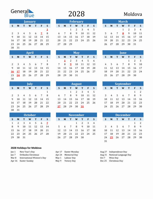 Printable Calendar 2028 with Moldova Holidays (Sunday Start)