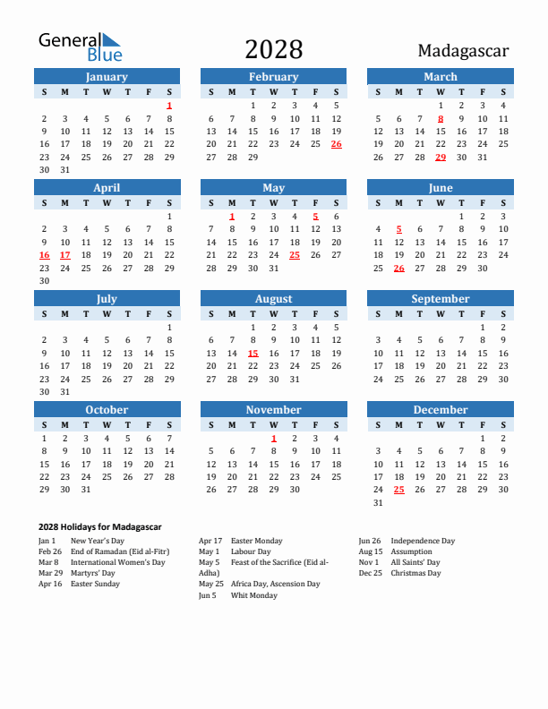 Printable Calendar 2028 with Madagascar Holidays (Sunday Start)