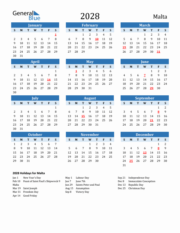 Printable Calendar 2028 with Malta Holidays (Sunday Start)