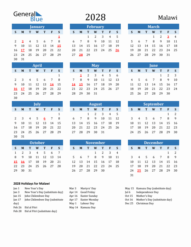 Printable Calendar 2028 with Malawi Holidays (Sunday Start)