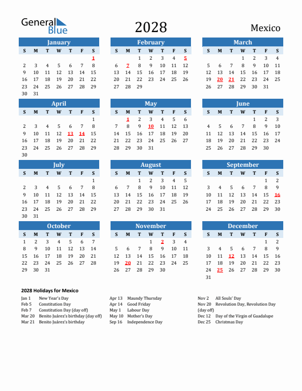 Printable Calendar 2028 with Mexico Holidays (Sunday Start)