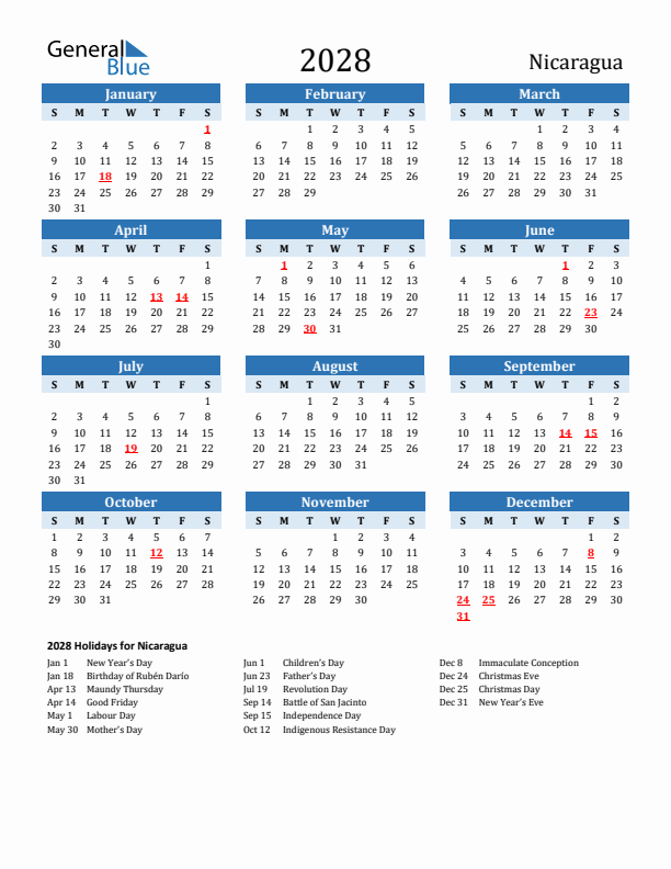 Printable Calendar 2028 with Nicaragua Holidays (Sunday Start)