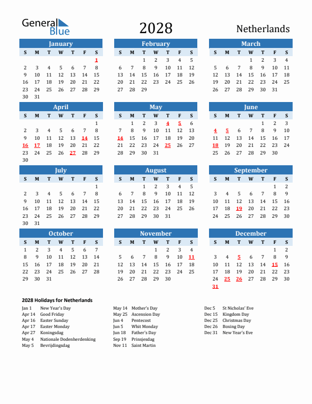 Printable Calendar 2028 with The Netherlands Holidays (Sunday Start)