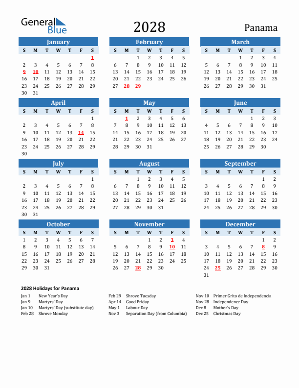 Printable Calendar 2028 with Panama Holidays (Sunday Start)