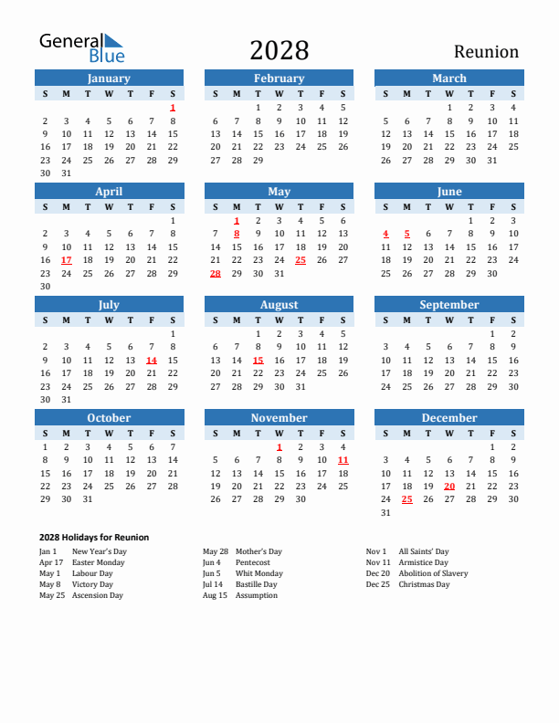 Printable Calendar 2028 with Reunion Holidays (Sunday Start)