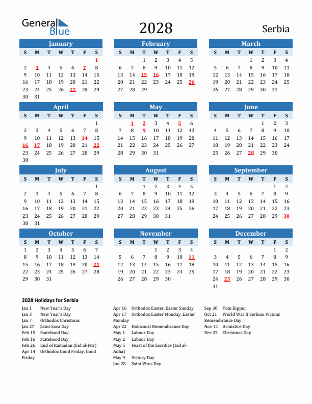 Printable Calendar 2028 with Serbia Holidays (Sunday Start)