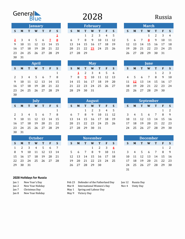 Printable Calendar 2028 with Russia Holidays (Sunday Start)