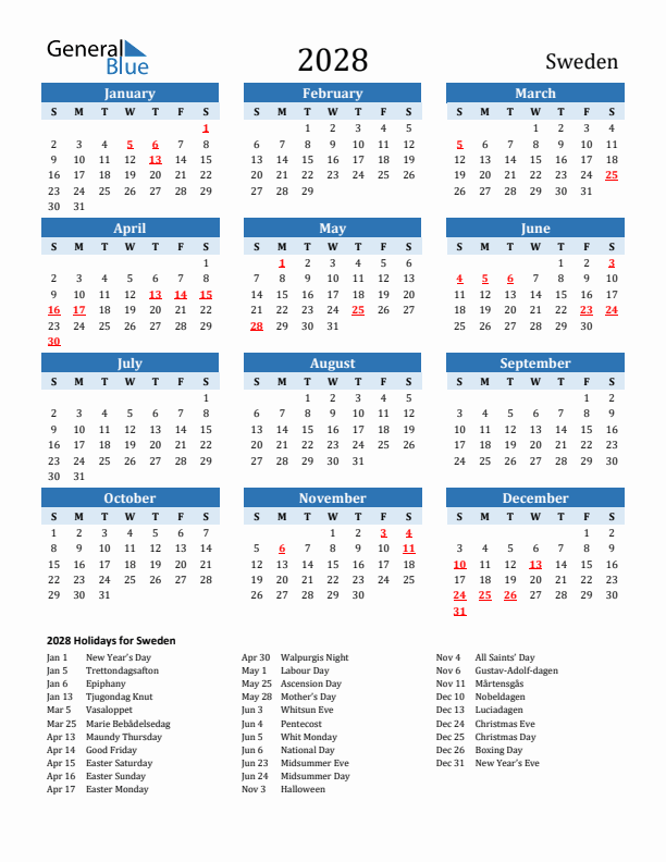 Printable Calendar 2028 with Sweden Holidays (Sunday Start)