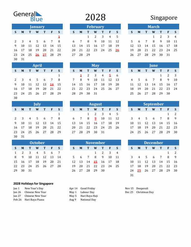 Printable Calendar 2028 with Singapore Holidays (Sunday Start)