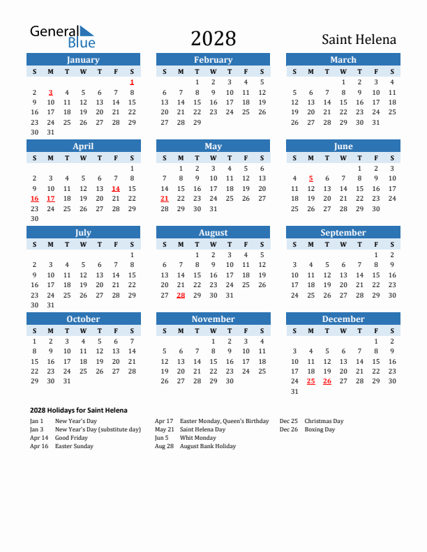 Printable Calendar 2028 with Saint Helena Holidays (Sunday Start)