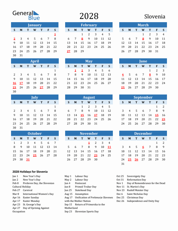 Printable Calendar 2028 with Slovenia Holidays (Sunday Start)