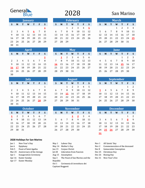 Printable Calendar 2028 with San Marino Holidays (Sunday Start)