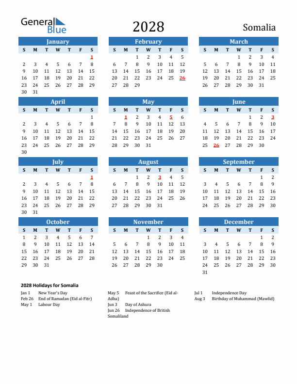 Printable Calendar 2028 with Somalia Holidays (Sunday Start)